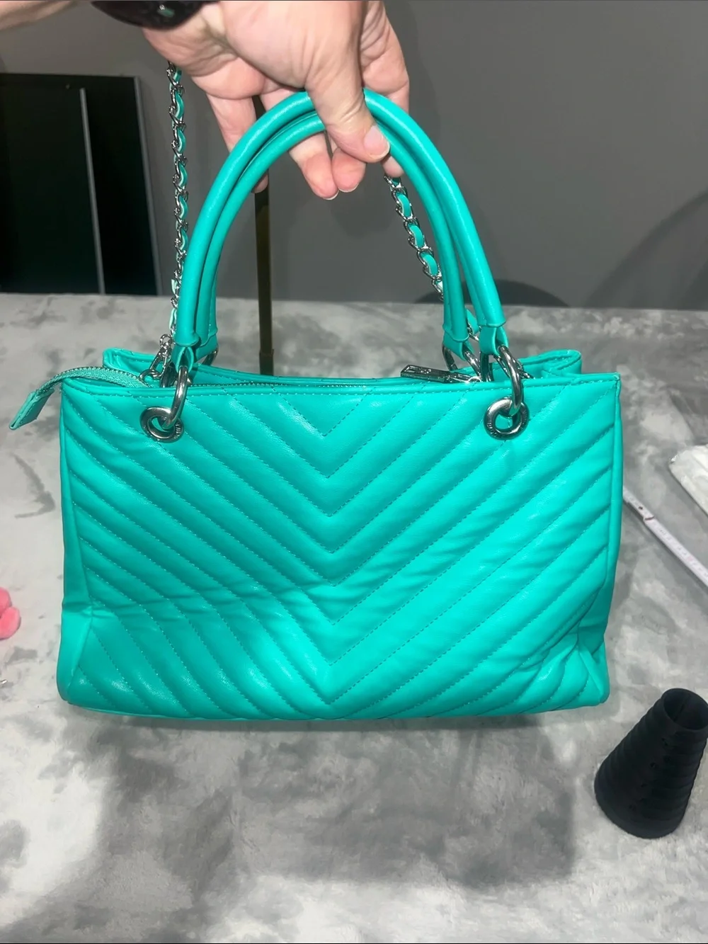 Badgley Mischka Chevron Quilted Shoulder Bag in a vibrant teal/mint green hue.